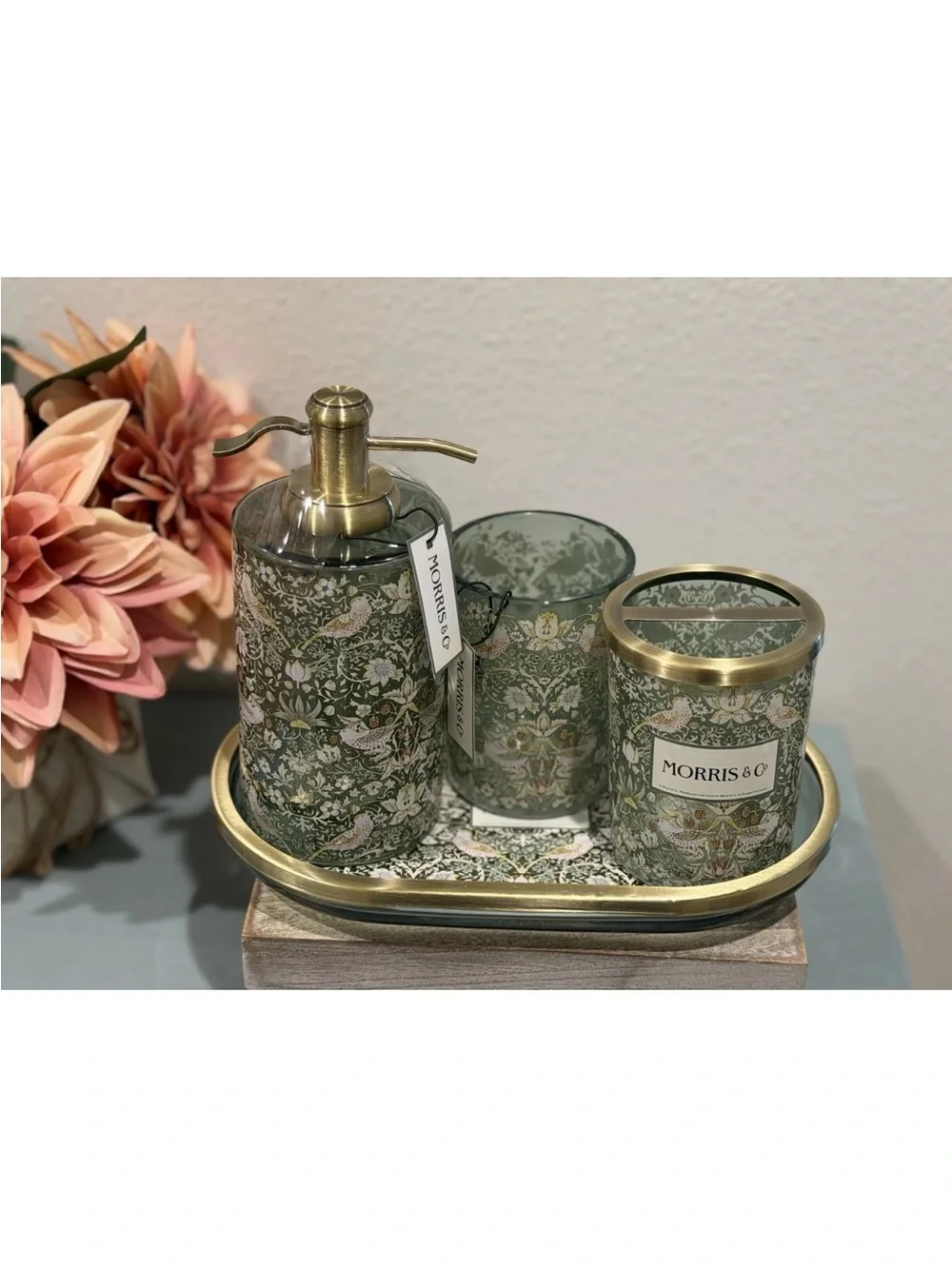 New Morris & Co Heavy Glass Green Strawberry Thief Bath Vanity Accessories 4 Pc